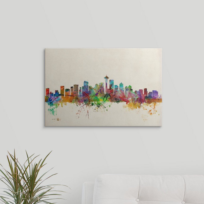 «Seattle Skyline» par Francy, impression, Cadre noir, H 24 po x l 32 po x P 1 po