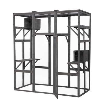 Cage à chat extra large en gris - amplement d'espace pour plusieurs chats, l 63,17 po x l 31,57 po x H 69,74 po, extérieur avec murs grillagés et toit ouvrant, aire de jeu amusante 2 maisons de retraite 5 plateformes, gardes de chats