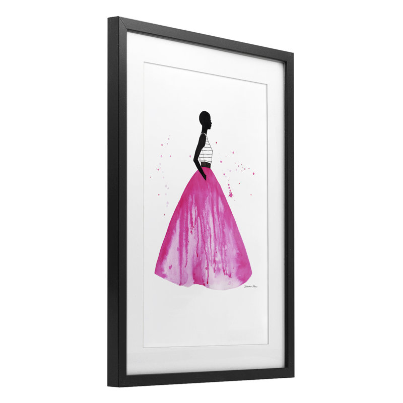 Impression d'une jupe de robe de bal rose sous verre, conception de Simone Elum, H 20 po x l 14 po, Cadre noir minuit