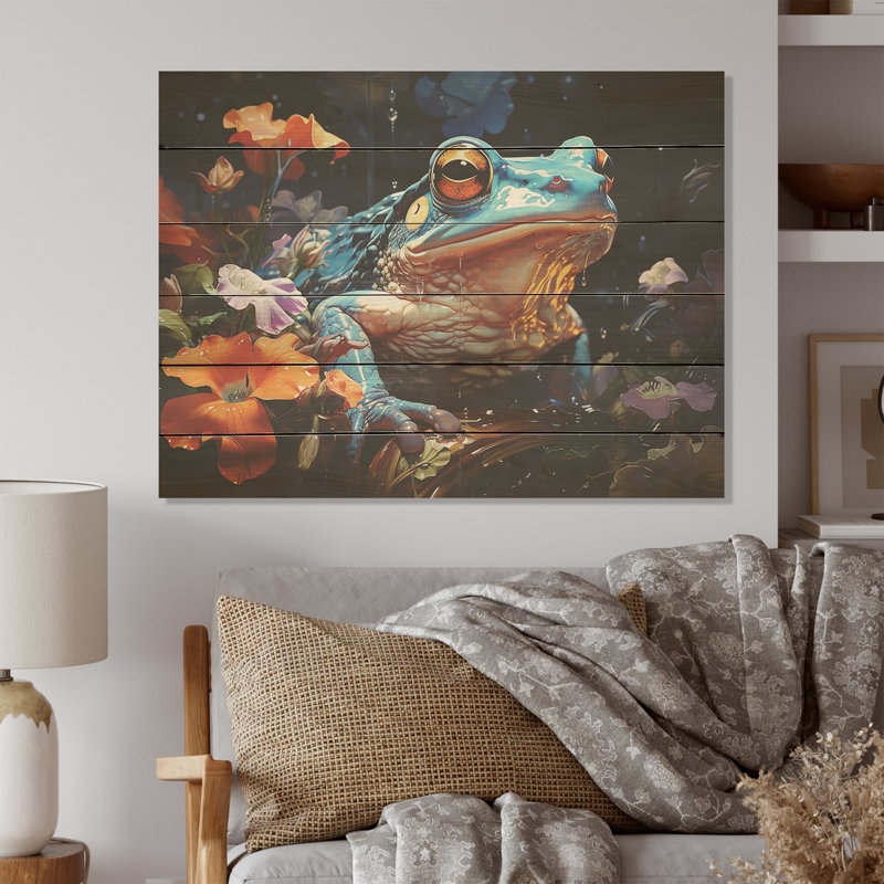 «Blue Frog On Glass Effect - Frogs & Toads», art mural sur bois de pin naturel, H 10 po x l 20 po