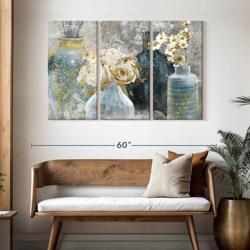 Harnek Vessels And Blooms Blues, 32" H x 50" W