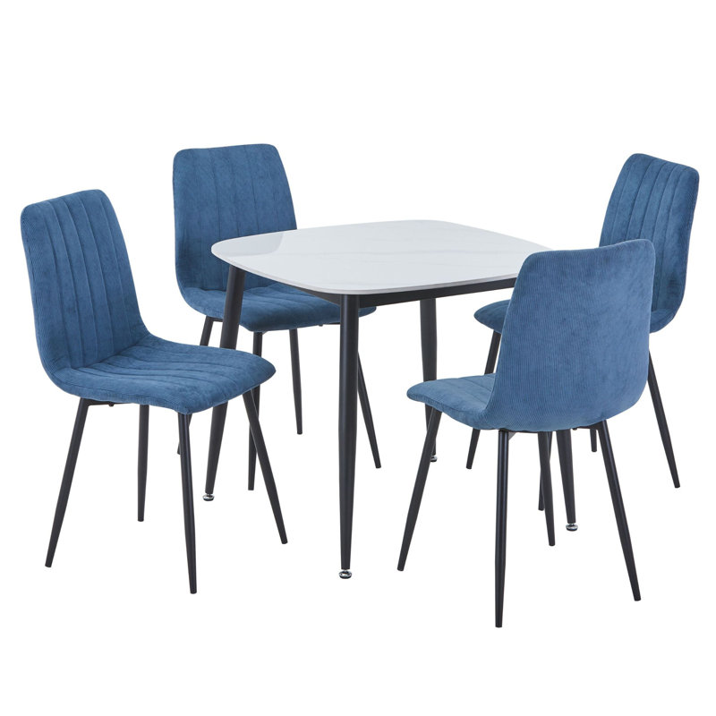  Aspen Sintered Stone Square Table with 2 Straight Stitch Upholstered Fabric Chairs - Modern Dining Set, Blue