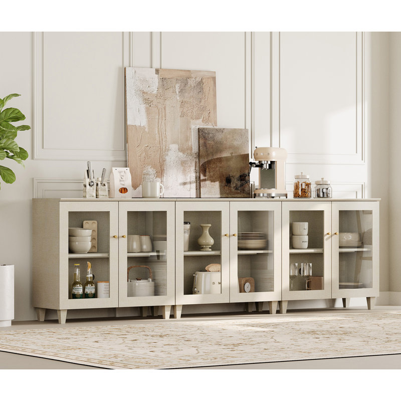 Buffet à 6 portes avec tablettes réglables et gestion des câbles pour la salle à manger Lysiane, Imprimé lin beige