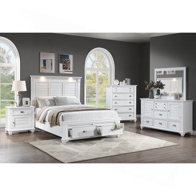 Très grand lit avec tiroirs sous le lit et éclairage à DEL pour meubles en bois de style contemporain blanc 1pc