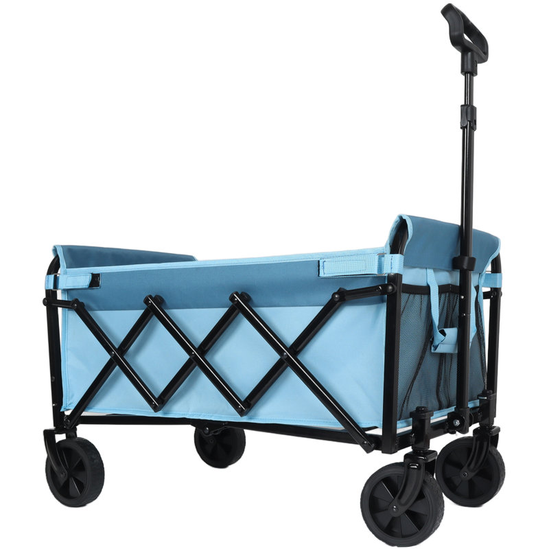 Chariot utilitaire pliable léger avec roulettes, chariot pliable avec capacité de poids élevée et porte-gobelets pour le camping, le jardin et le magasinage (bleu)