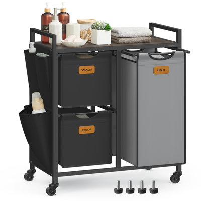 Panier à linge avec 3 compartiments, 26,4 gallons (100 L), trieur de linge, chariot à linge roulant avec tablettes, petites poches latérales, 6 étiquettes, brun châtaignier