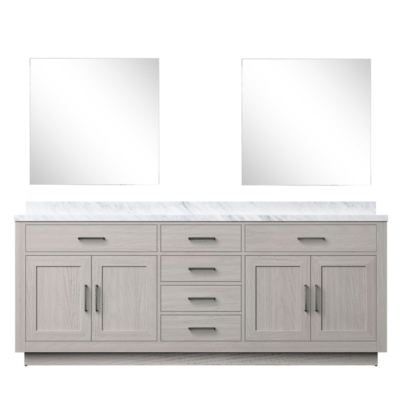 Meuble-lavabo double en chêne blanc, comptoir en marbre et 34 miroirs, meuble-lavabo à fermeture en douceur, large, profond, surface en bois massif
