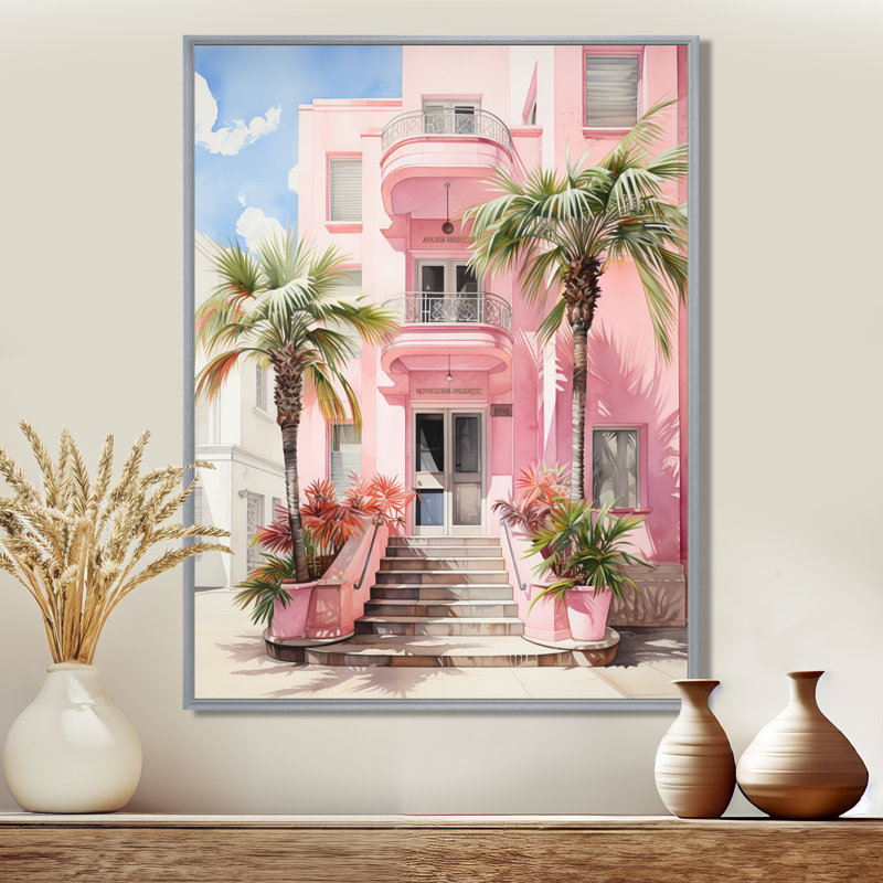 Zappha Pink Miami Artful Facades II - Miami, art mural, H 20 po x l 12 po x P 1 po, Encadrement argenté
