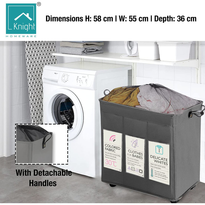 Fabric Rolling Laundry Basket with Handles, Grey