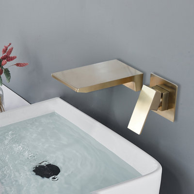 Modern Wall Mount Bathroom Sink Faucet – Waterfall Single Handle Wall Mounted Vanity Faucet with Solid Brass Body, Brushed gold