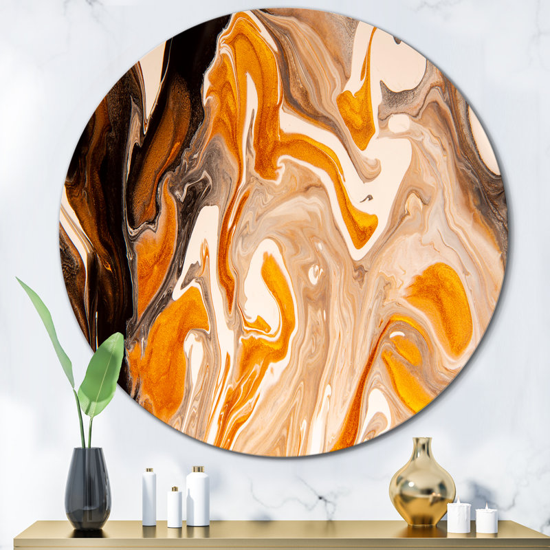 Brun, orange, blanc, marbre gris et art - cercle moderne en métal, art mural, H 29 po x l 29 po