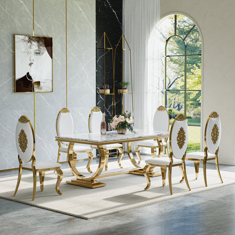 Ensemble de salle à manger 7 pièces 7 pièces, 7 pièces: table, 6 chaises, Blanc / blanc / or