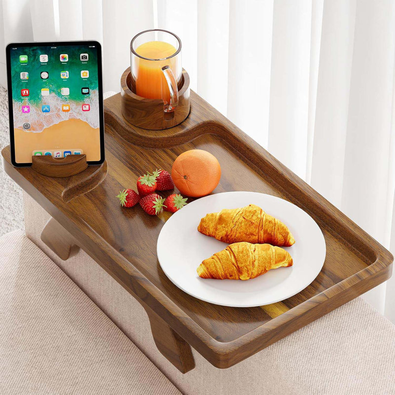 Acacia Wood Sofa Arm Table - 3 In 1 Tray With 360 Phone Holder, Foldable Cup Holder, Clip On Side Table For Wide Couch, Armrest Organizer For Eating/Drink/Snack/Remote