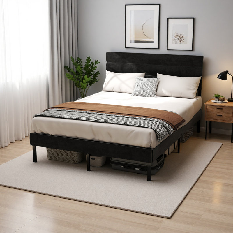 Structure de lit plateforme tapissier - avec tête de lit, aucun sommier nécessaire, rangement sous le lit 14 po, Noir