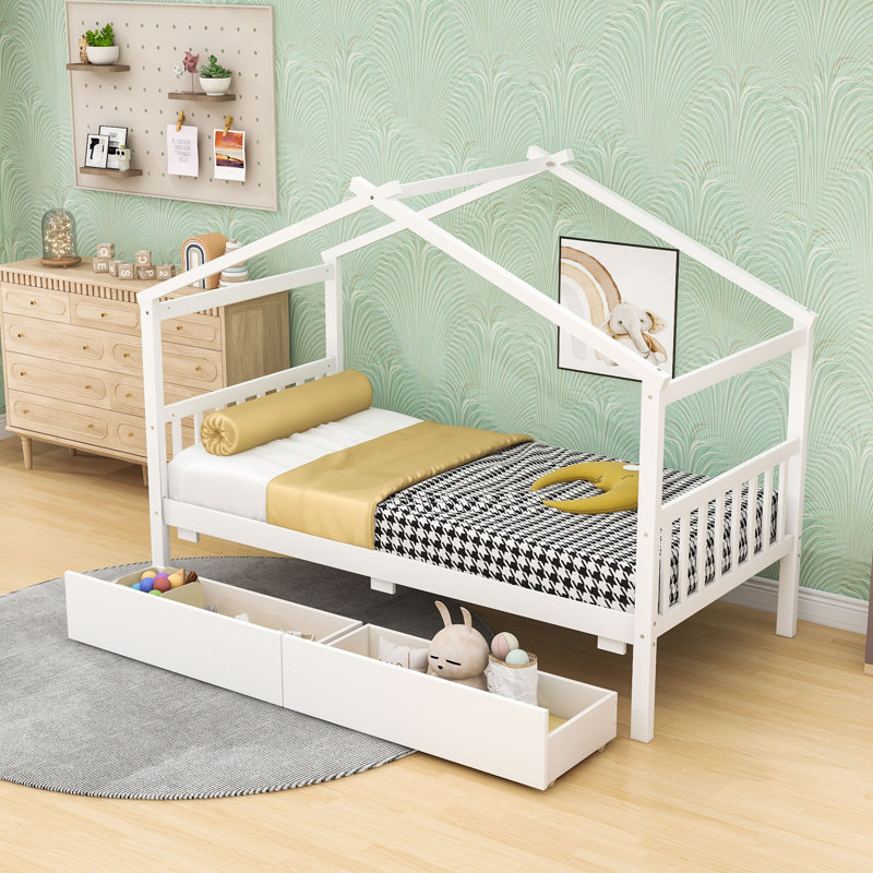 Lit simple en bois avec tiroirs, Blanc