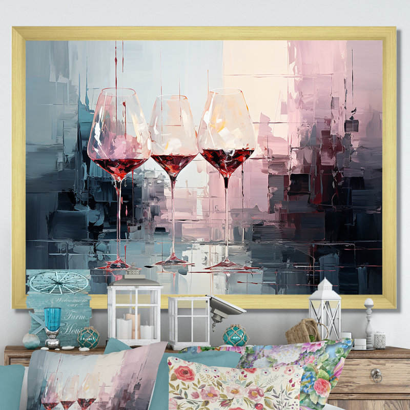 «Wine verres Deep collage - Wine», art mural encadré, Cadre d'angle fermé noir, H 16 po x l 32 po x P 1 po