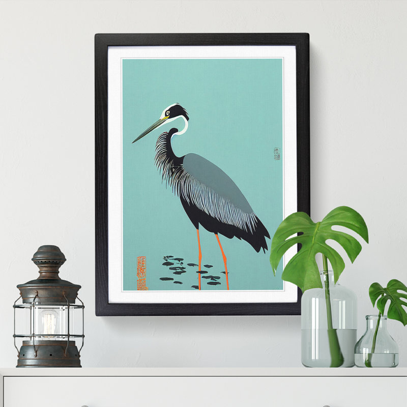 Toppino Heron Bird Japanese - Picture Frame Print, Walnut, 64cm H x 46cm W x 2cm D