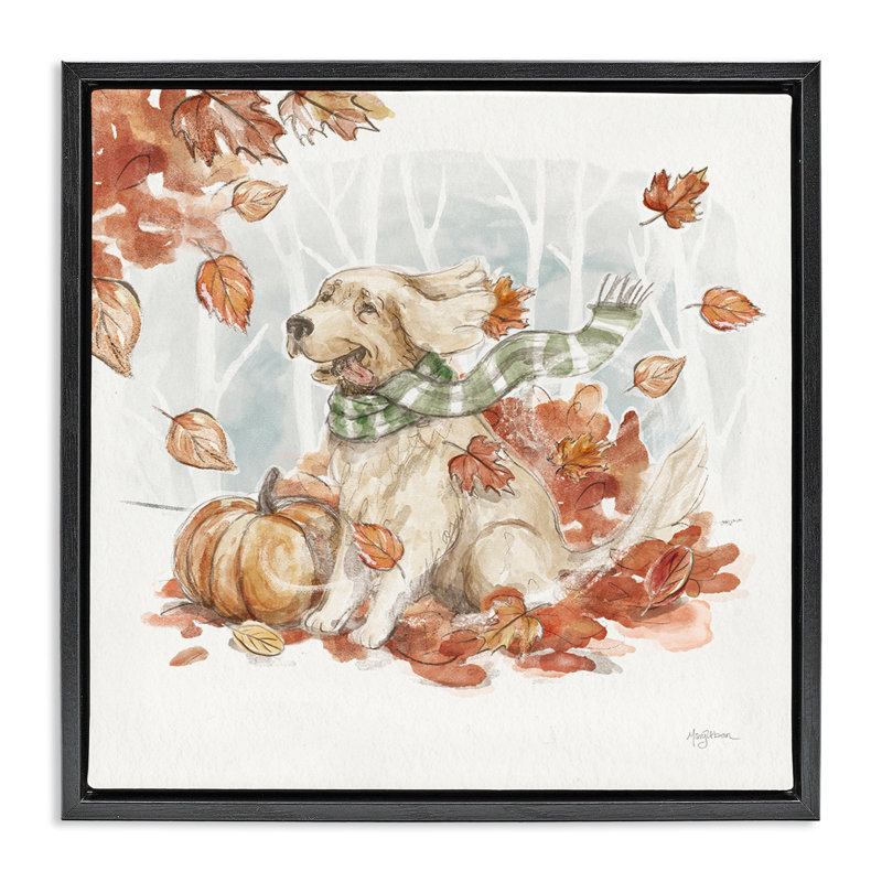 «Happy Autumn Labrador», art mural sur toile par Mary Urban, H 25 po x l 25 po, Cadre flottant noir de jais