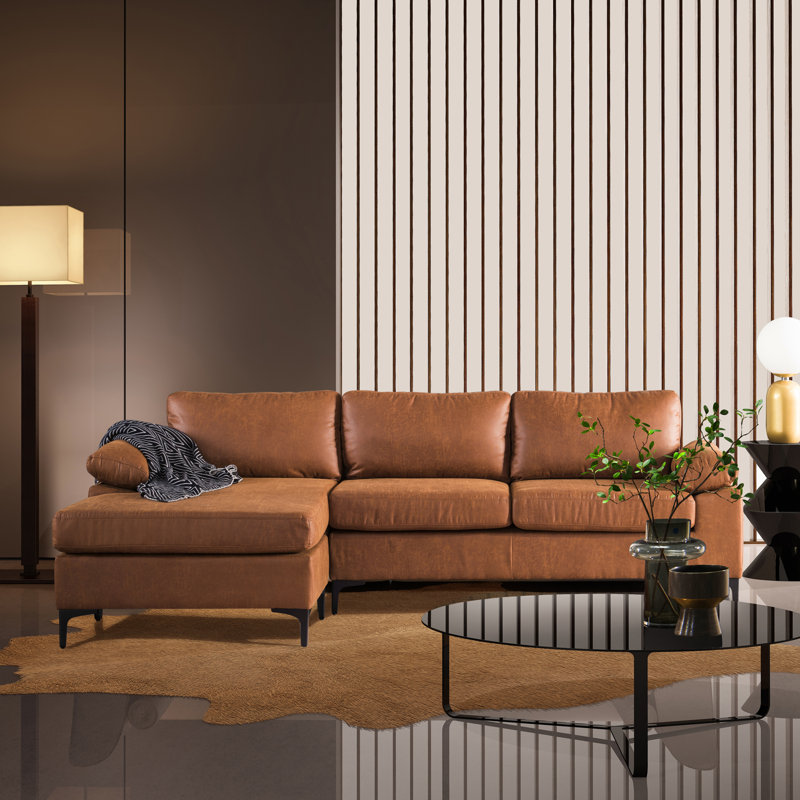 Howton Faux Leather L-Shaped Sectional Reversible, Light Brown Suede
