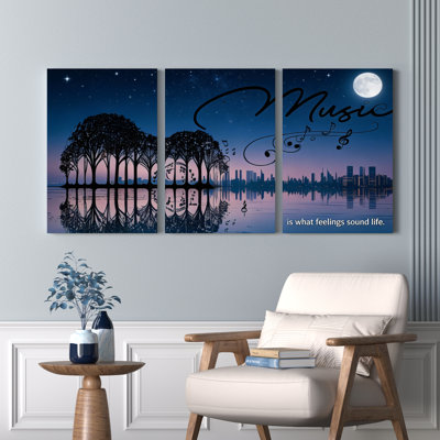 Ensemble de 3 toiles murales imprimées « Notes de musique et arbres sous un ciel nocturne » pour la décoration du salon, de la chambre et de la maison