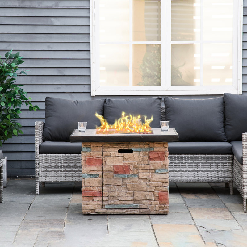 32" Outdoor Propane Gas Fire Pit Table, 50,000 Auto-Ignition, Faux Ledge Stone Pattern, Lava Rocks, Rain Cover, , Earthy Brown 32 Inch Square Enrapture,