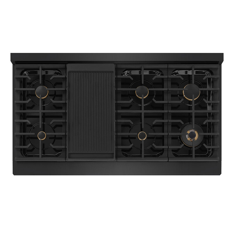 ZLINE Autograph 48 in. Paramount Dual Fuel Range in Black Stainless Steel and Bronze Helix Handles, Polished Gold