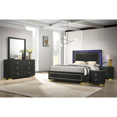 Ensemble de chambre à coucher 5 pièces Hapeville (1 lit + 2 tables de chevet + 1 Dreser + 1 miroir)