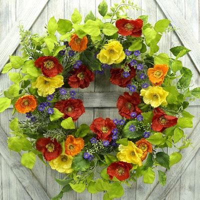 Couronne artificielle 22 po avec fleur de coquelicot colorée, feuilles de rose, feuilles de thé pour la porte d'entrée de la maison de campagne à l'extérieur, fenêtre décorative de mariage, boîte-cadeau incluse