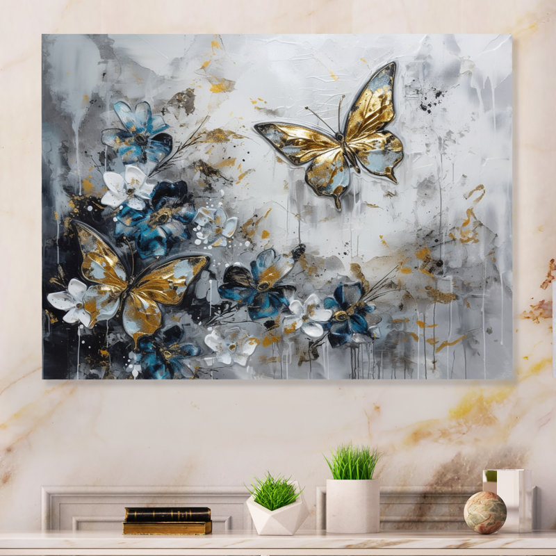 Ailes de papillon doré bleu et fleurs III sur impression métallique, H 16 po x l 32 po