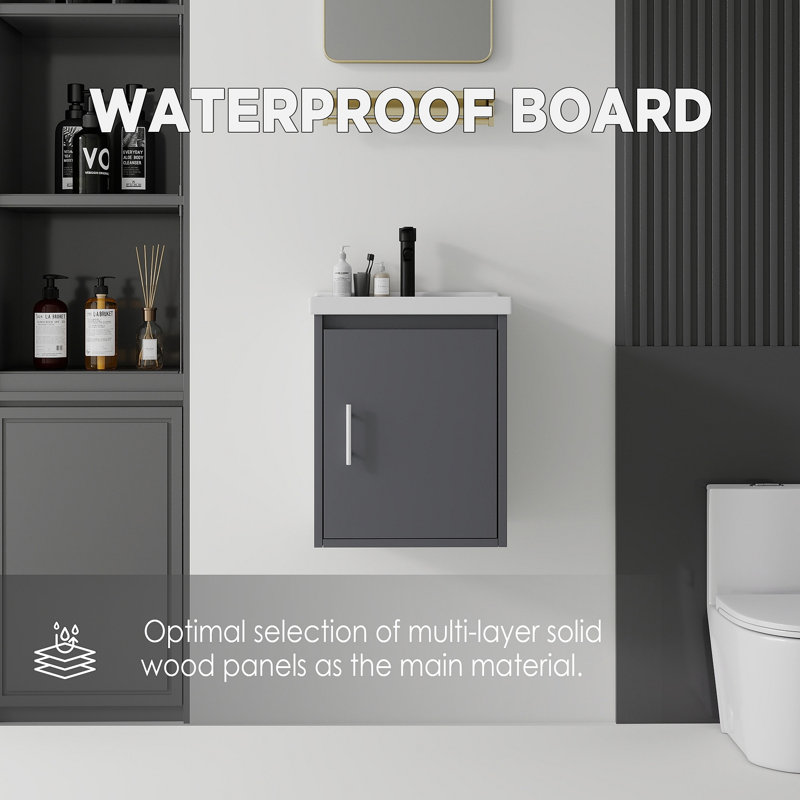 Meuble-lavabo flottant avec lavabo, porte à fermeture en douceur, lavabo en céramique, contreplaqué, Dark Grey, 16"