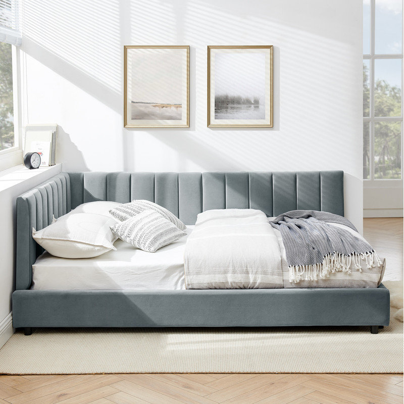 Full Size Upholstered Tufted Bed Frame, Sofa Bed Frame with Comfortable Backrest and Armrests, Full Size Bed for Bedroom, Living Room
