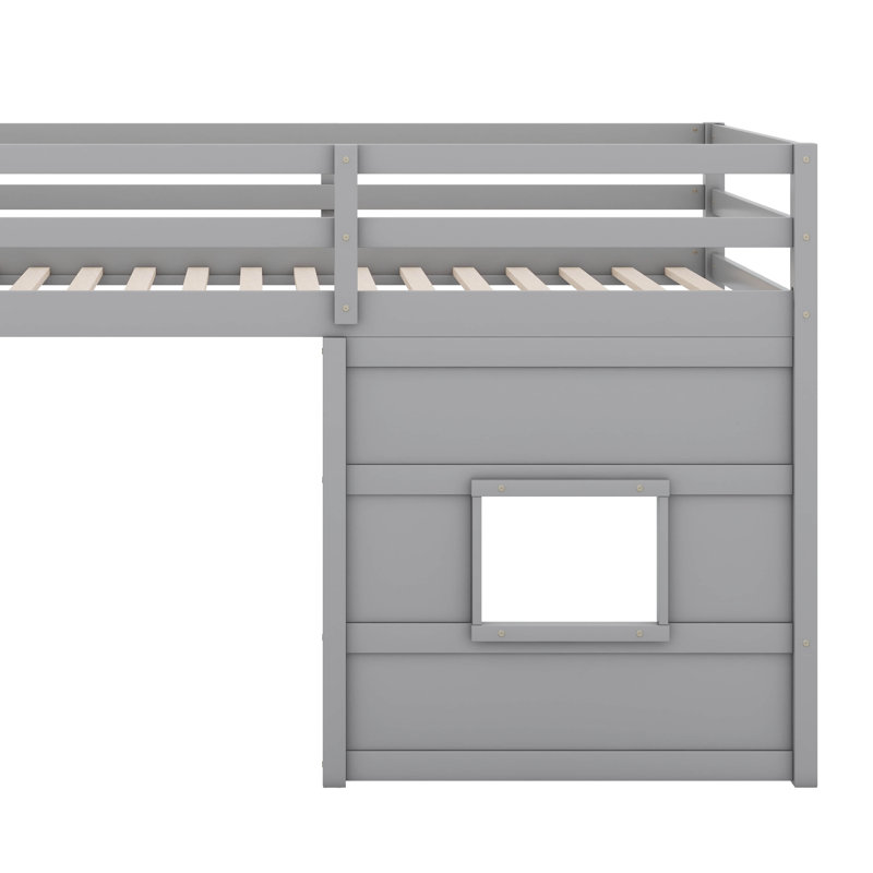 Twin Size Loft Bed With Storage Staircase And Window, Gray