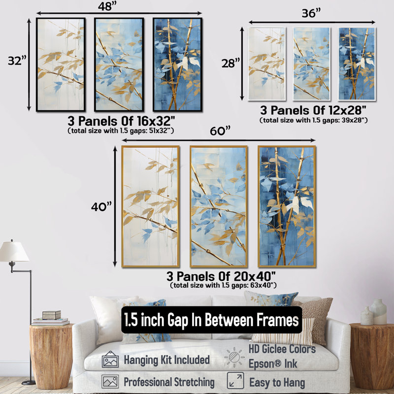 Ensemble de salon mural en bambou bleu et doré, Cadre flottant blanc, H 32 po x l 48 po x P 1 po