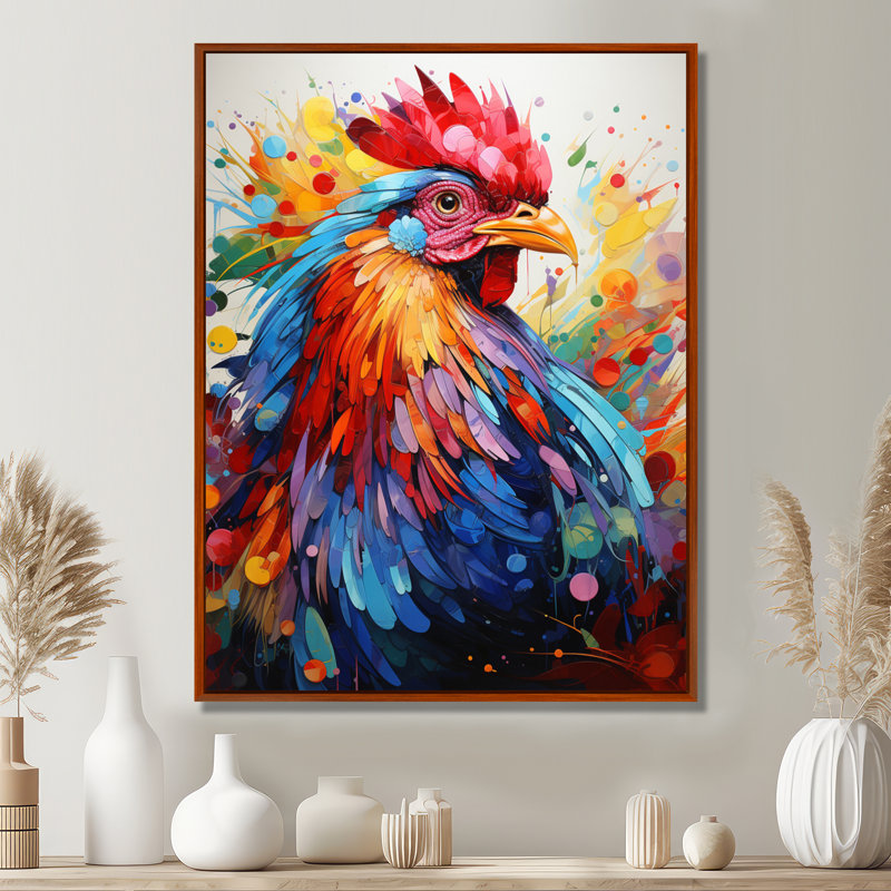 Coq coloré - décoration murale coq, H 44 po x l 34 po x P 1,5 po, Cadre flottant brun