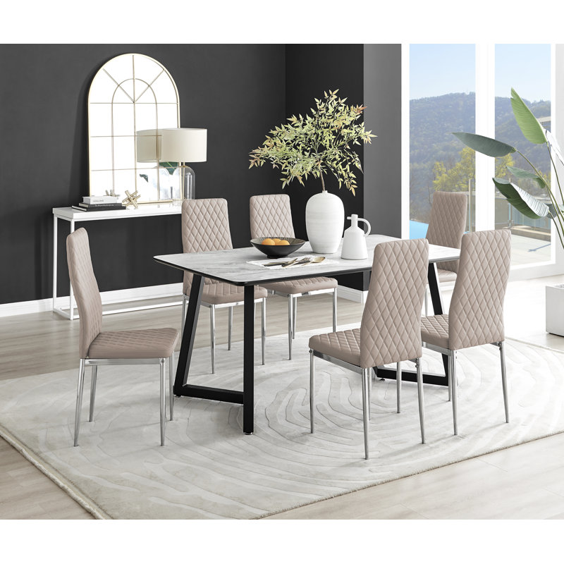 Industrial Design White & Grey Marble Effect Melamine Dining Table Set with 6 Faux Leather Chairs, Brown/Silver