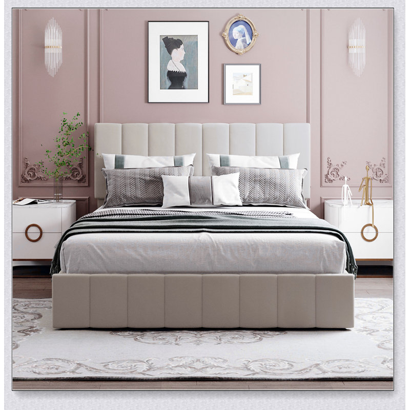 Upholstered Platform Bed With A Hydraulic Storage System, Queen, Beige