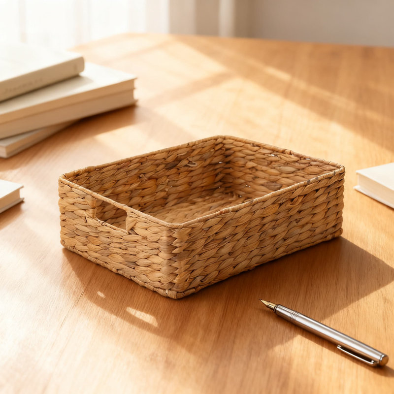 YAHUAN Handwoven Water Hyacinth Storage Basket, Natural Fiber Rectangular Organizer With Handles For Home And Office Decor