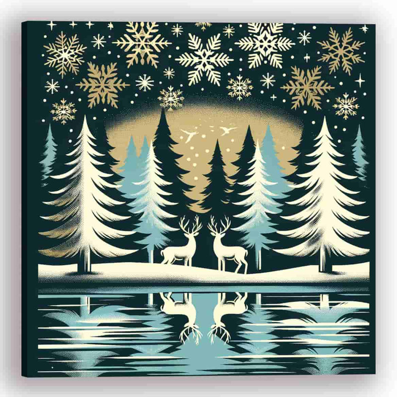 «Midnight Serenade: Golden Snowflakes and Deer», art sur toile, H 20 po x l 20 po x P 1,5 po