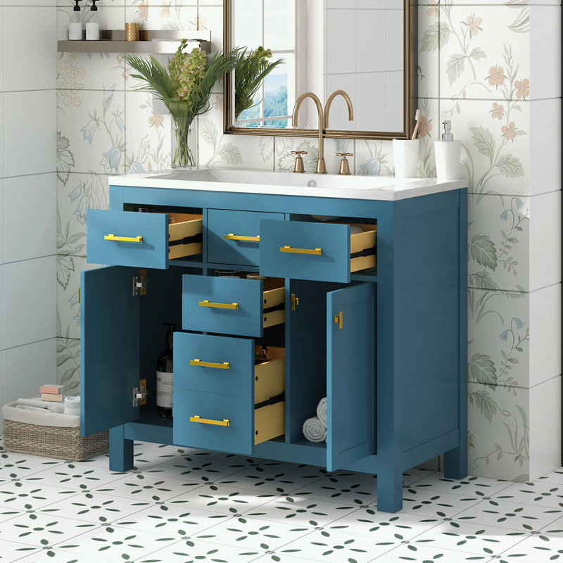 Ensemble de meuble-lavabo Bathroon avec lavabo en résine, 4 tiroirs et 2 armoires, Bleu