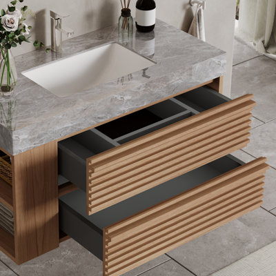 Meuble-lavabo simple 36 po avec plateau en pierre grise, armoire murale en bois massif avec deux tiroirs et tablette ouverte