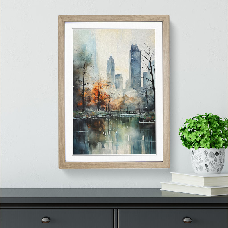 Central Park Impressionism - Single Picture Frame Print on Wood, Oak Framed, 64cm H x 46cm W x 2cm D
