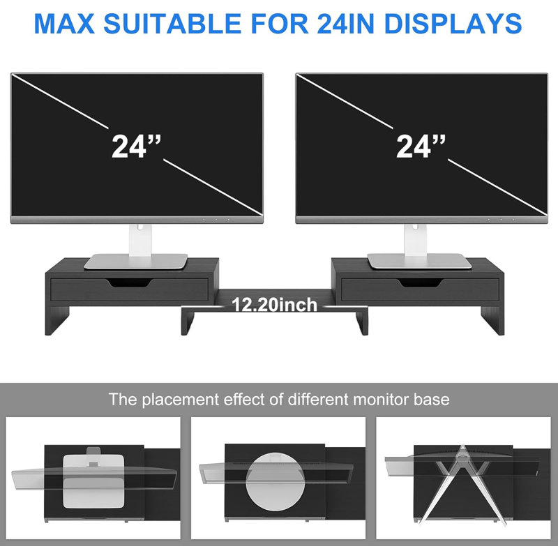 Monitor Stand With 2 Storage Drawers, Premium Bamboo Dual Monitor Stand Riser With Adjustable Length And Angle, Desk Organizer For Computer Laptop,  Black