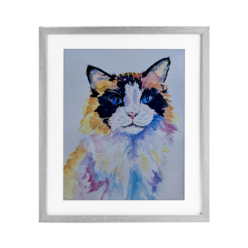 Calico Cat Portrait, reproduction encadrée sous verre, conception de Tatiana Roberts, H 16 po x l 13 po, Cadre de ferme gris