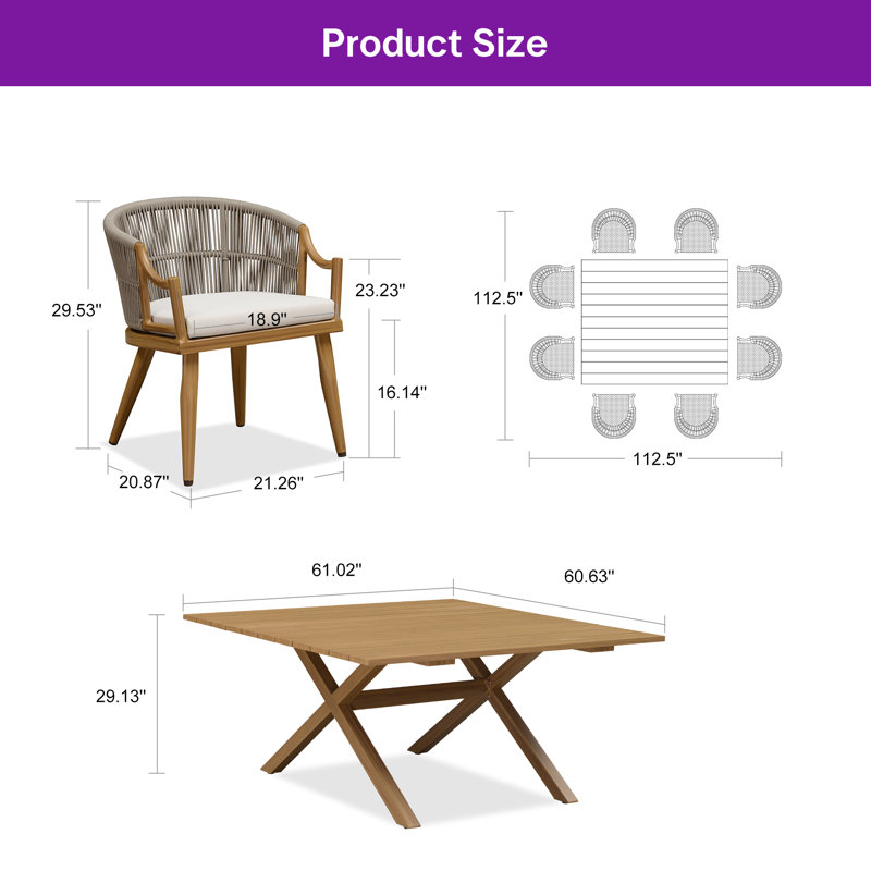 Ensemble de salle à manger de patio en osier avec table rectangulaire en aluminium et chaises à accoudoirs modernes PURPLE LEAF