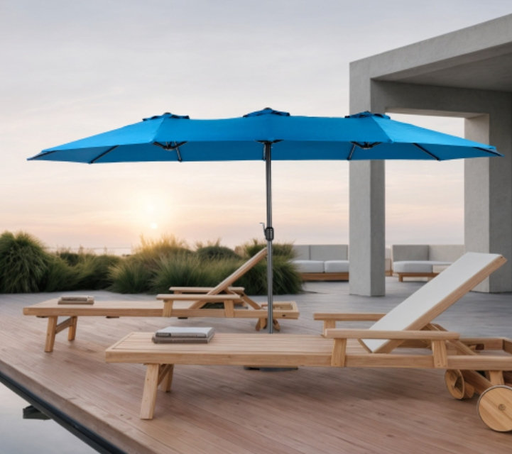 Grand parasol d'extérieur double face 14,8 pi avec manivelle (bleu foncé) (sans base)