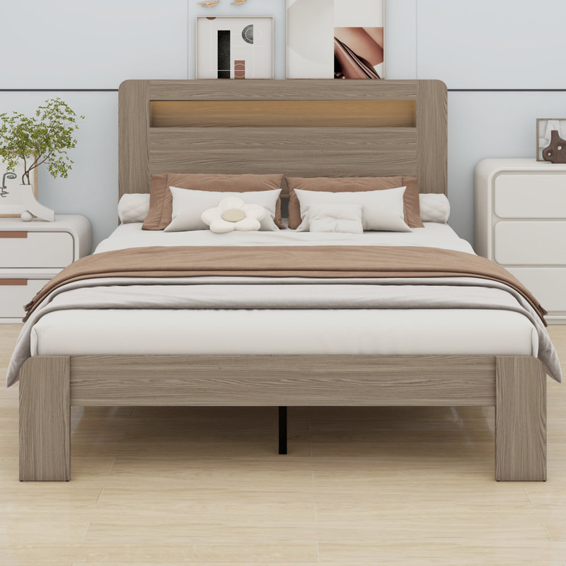 Lit plateforme à DEL en bois avec rangement et ports USB, Grand lit, Gris foncé