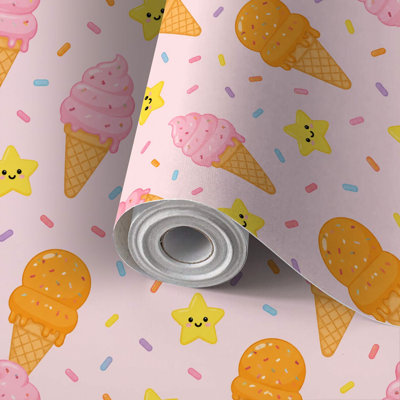 Papier peint adhésif peler et coller en PVC, revêtement mural auto-adhésif amovible avec de jolies cornets de crème glacée, étoiles roses, imprimé de roses colorées, imperméable pour la décoration intérieure - rouleau