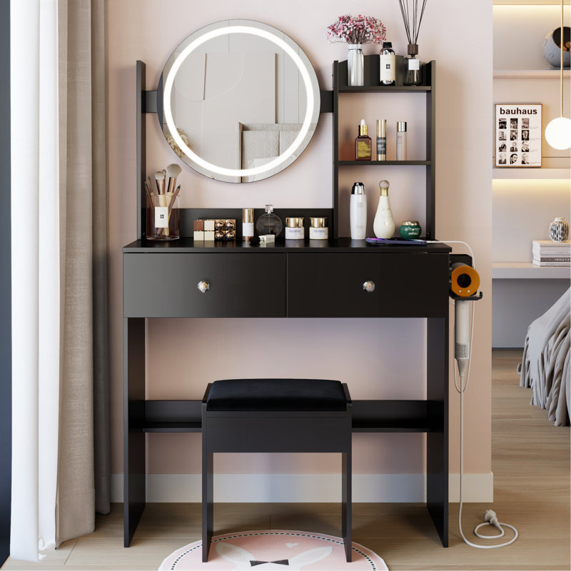 17" Round LED Mirror Vanity Table+Cushioned Stool, Equipped With 2 AC+2 USB Power Socket, Big Mirror, Touch Switch, 3 Colors, Adjustable Brightness, Large Desktop, Multi-layer High Capacity Storage