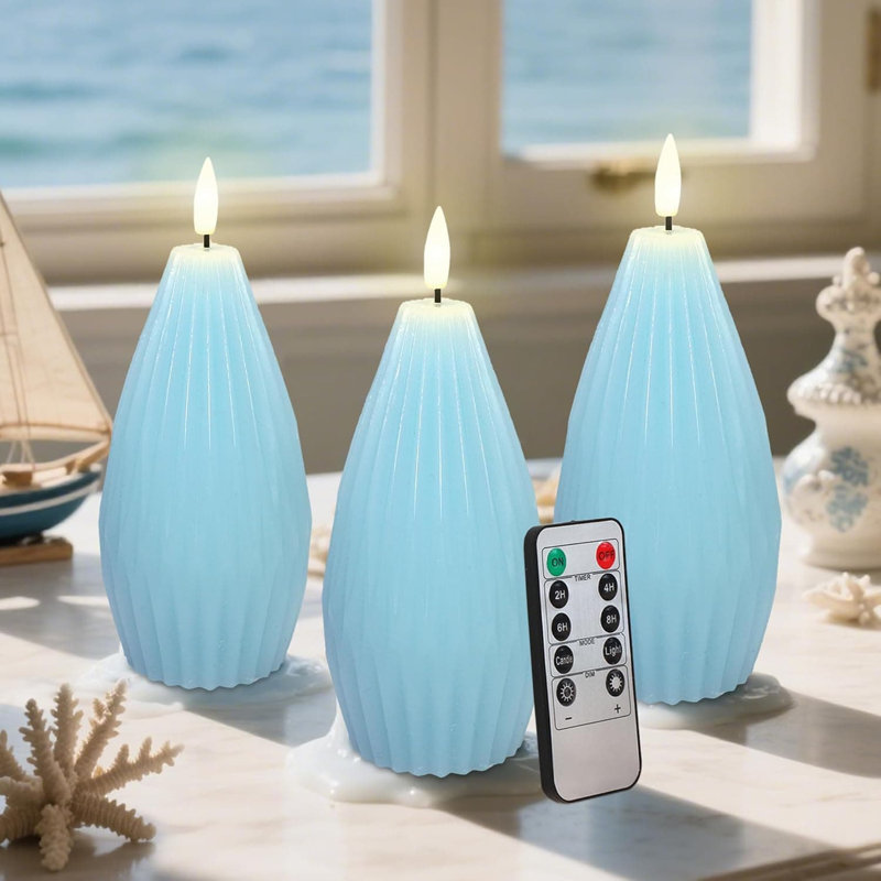 3 Pack Ivory Irregular Flameless Candles: Remote & Timer, Real Wax Flicker, Battery Operated, for Home Party, Wedding, ‎Blue