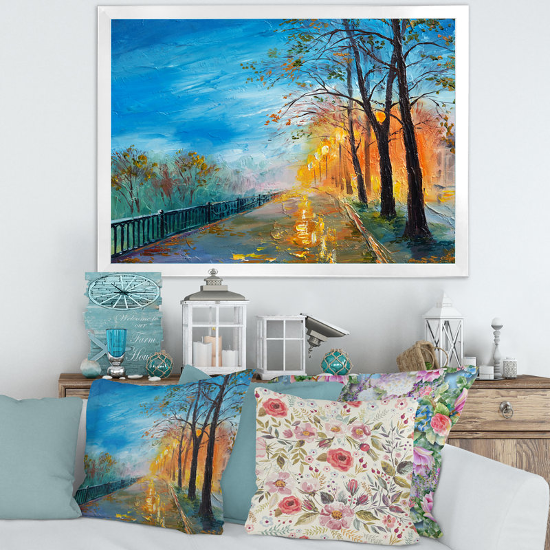 «Evening on Autumn Road», peinture sur toile, H 16 po x l 32 po x p 1 po, Cadre blanc